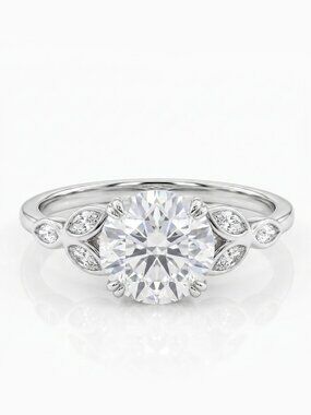 Classic Engagement Style Round Halo ring with leaf band,  925 Sterling Silver
